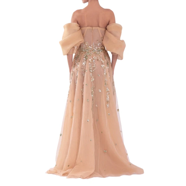Saiid Kobeisy Organza Dress with Dotted Beading and Pleated Off-Shoulder Sleeves in Skin, view 3