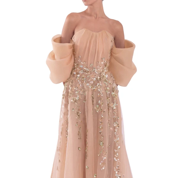 Saiid Kobeisy Organza Dress with Dotted Beading and Pleated Off-Shoulder Sleeves in Skin, view 4