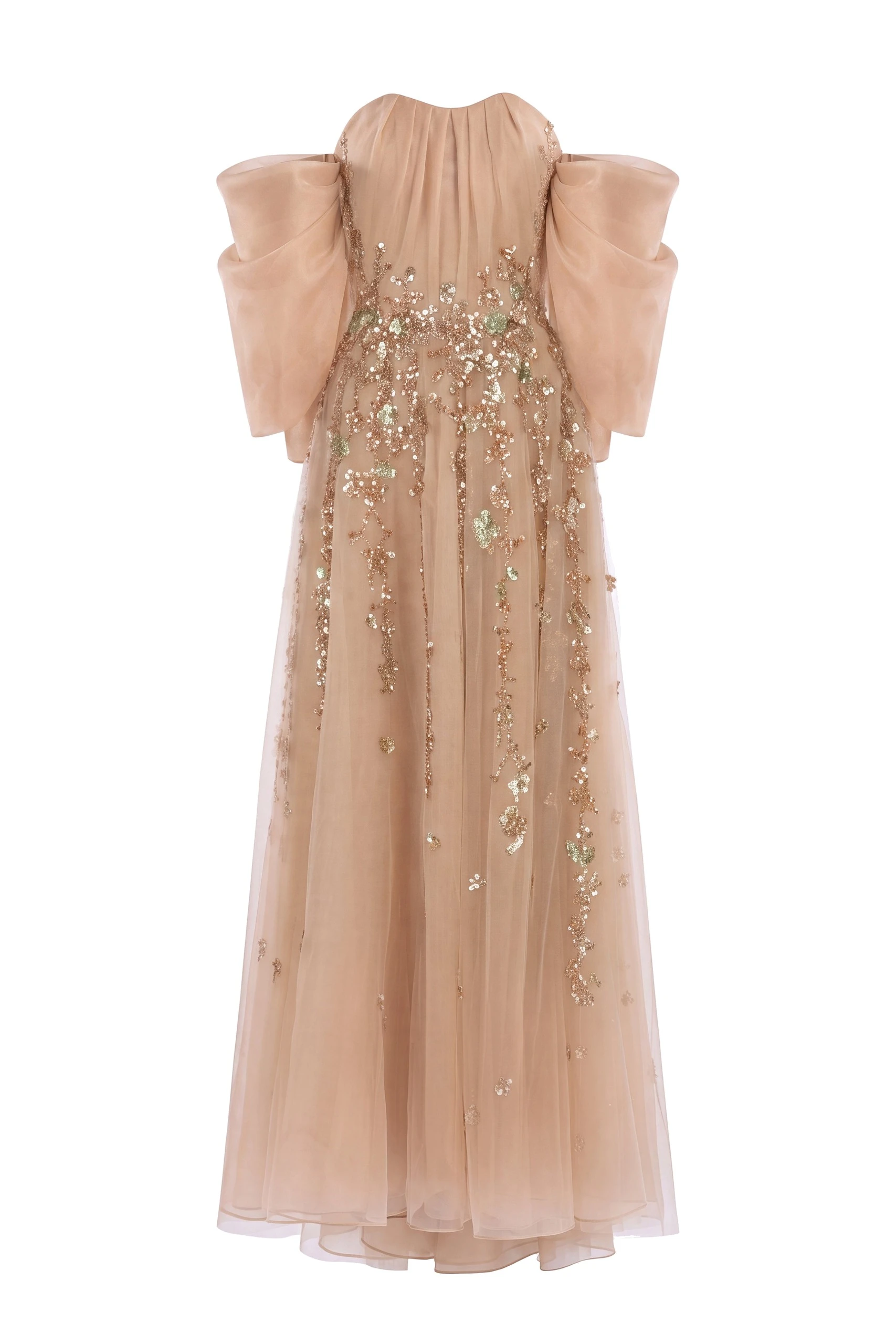 Saiid Kobeisy Organza Dress with Dotted Beading and Pleated Off-Shoulder Sleeves in Skin | Dresses | Coveti Saiid Kobeisy Organza Dress with Dotted Beading and Pleated Off-Shoulder Sleeves in Skin