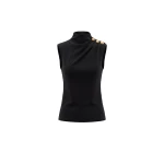 Saiid Kobeisy Pleated Top with Gold Buttoned Shoulder in Jet Black