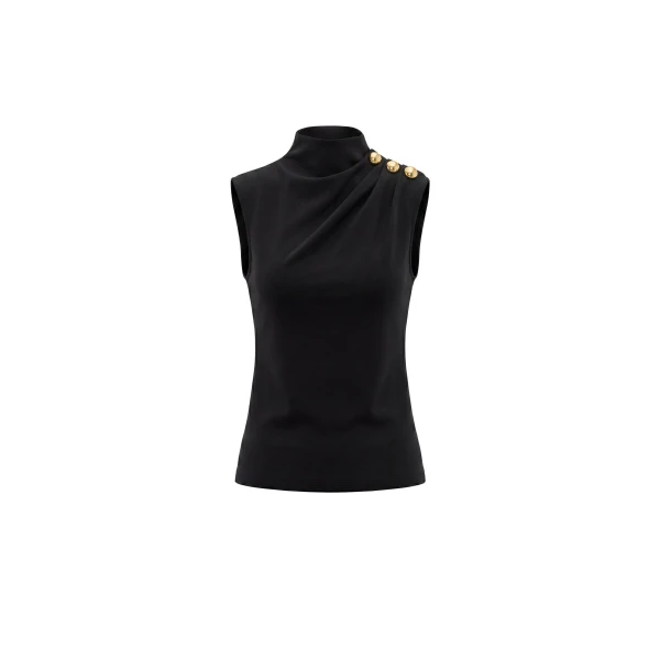 Pleated Top with Gold Buttoned Shoulder in Jet Black