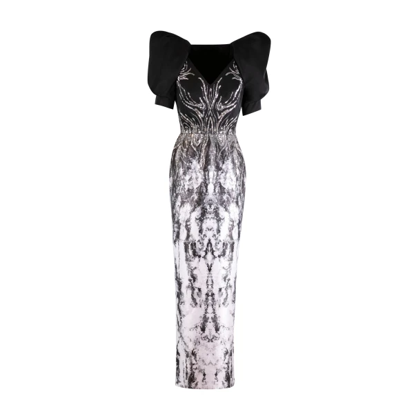 Saiid Kobeisy Printed Satin Fitted Dress with Beading in Misty Print, view 2