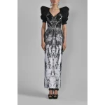 Saiid Kobeisy Printed Satin Fitted Dress with Beading in Misty Print