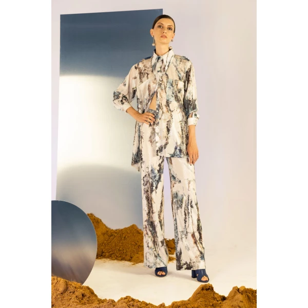 Saiid Kobeisy Printed Sequin Asymmetrical Shirt in Indigo Print, view 4