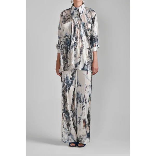 Printed Sequin Asymmetrical Shirt in Indigo Print