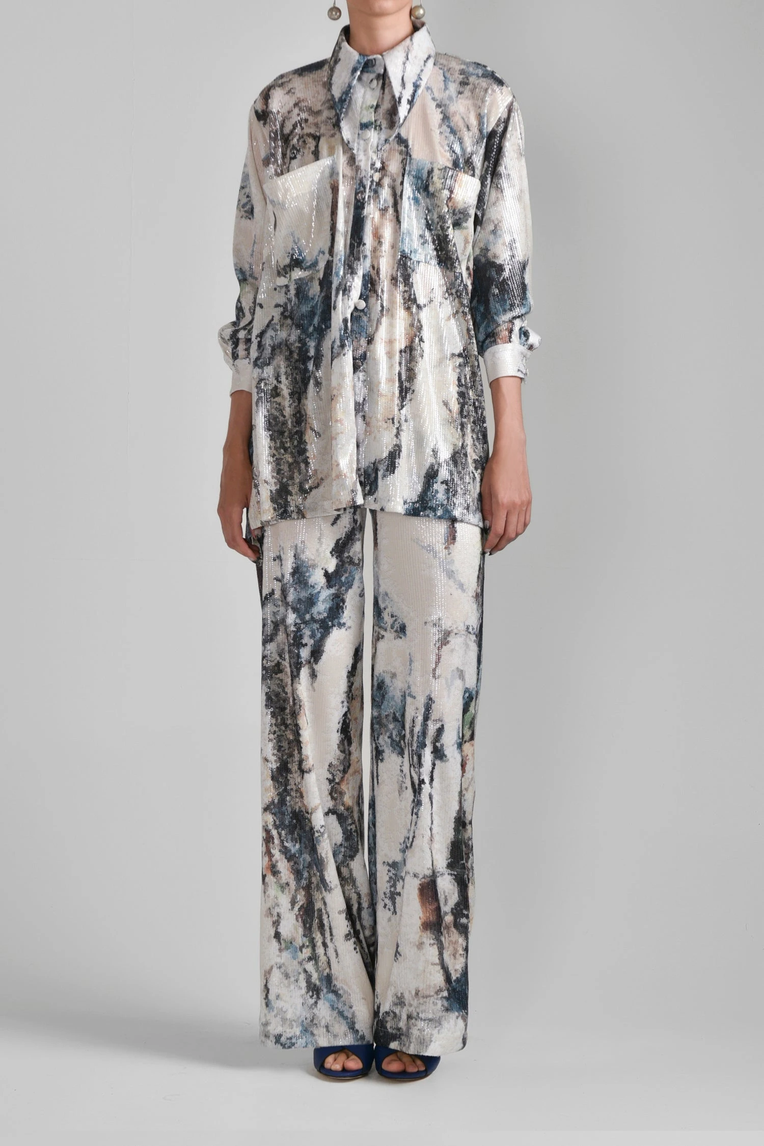 Saiid Kobeisy Printed Sequin Asymmetrical Shirt in Indigo Print | Tops | Coveti Saiid Kobeisy Printed Sequin Asymmetrical Shirt in Indigo Print