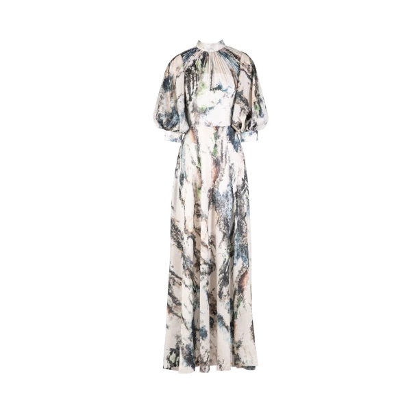 Saiid Kobeisy Printed Sequin Flared Dress in Indigo Print, view 2