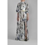 Saiid Kobeisy Printed Sequin Flared Dress in Indigo Print