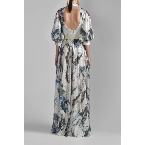 Saiid Kobeisy Printed Sequin Flared Dress in Indigo Print, view 3