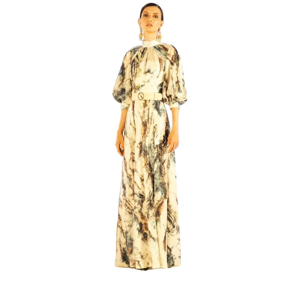 Saiid Kobeisy Printed Sequin Flared Dress in Indigo Print, view 4