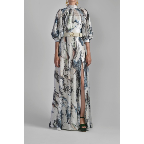 Saiid Kobeisy Printed Sequin Flared Dress in Indigo Print