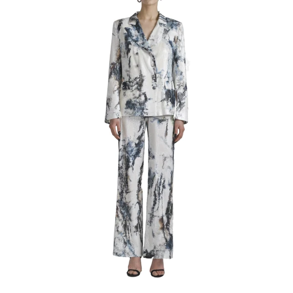 Printed Sequin Straigt Fit Pants in Indigo Print