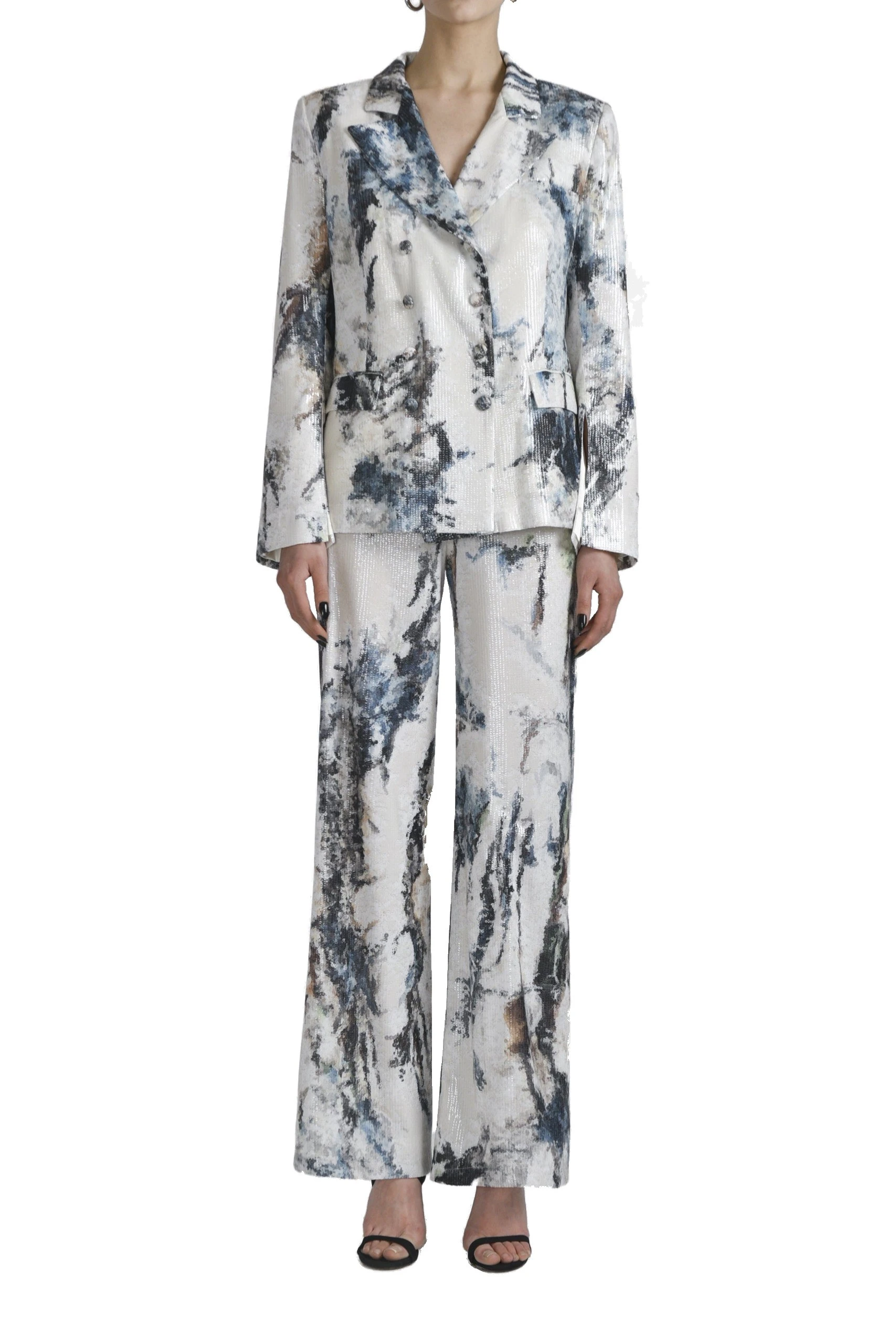 Saiid Kobeisy Printed Sequin Straigt Fit Pants in Indigo Print | Pants | Coveti Saiid Kobeisy Printed Sequin Straigt Fit Pants in Indigo Print