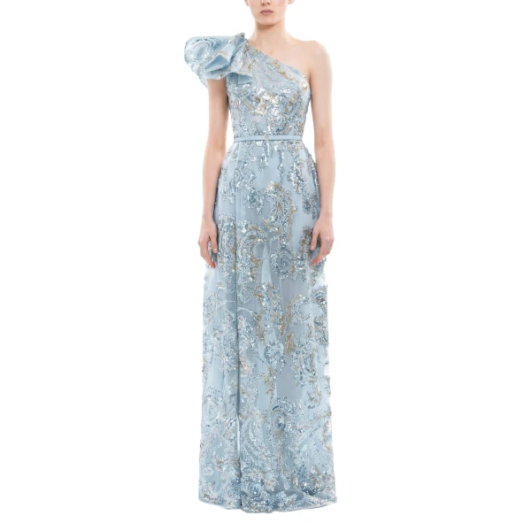 Saiid Kobeisy Ruffle Embroidered Long Dress in Ice Blue, view 2