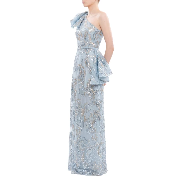 Saiid Kobeisy Ruffle Embroidered Long Dress in Ice Blue, view 3