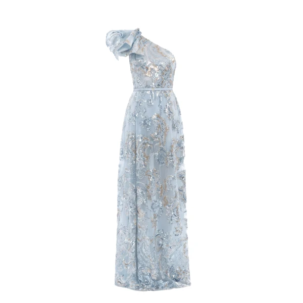 Saiid Kobeisy Ruffle Embroidered Long Dress in Ice Blue