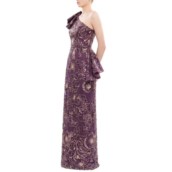 Saiid Kobeisy Ruffle Embroidered Long Dress in Italian Plum, view 3