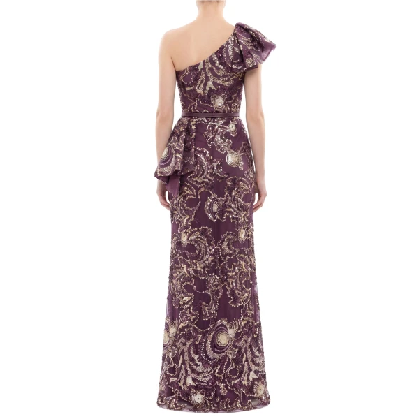 Saiid Kobeisy Ruffle Embroidered Long Dress in Italian Plum, view 4