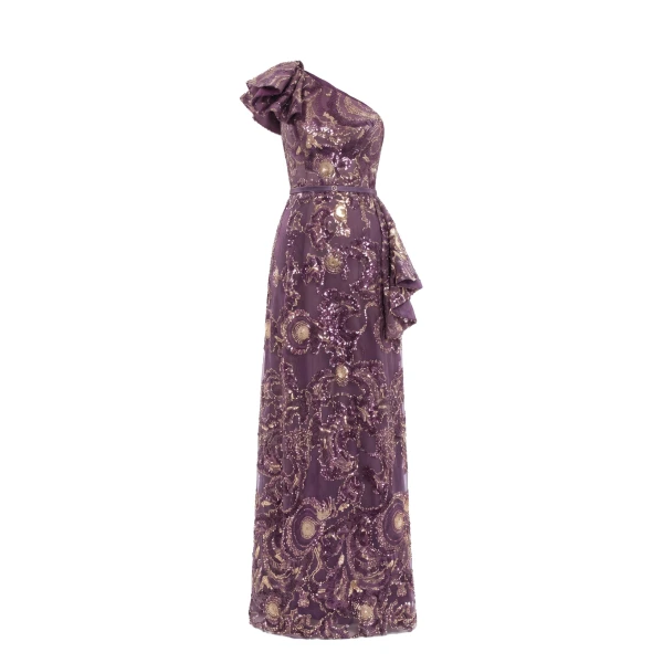 Saiid Kobeisy Ruffle Embroidered Long Dress in Italian Plum