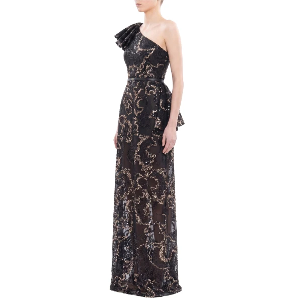 Saiid Kobeisy Ruffle Embroidered Long Dress in Jet Black, view 3