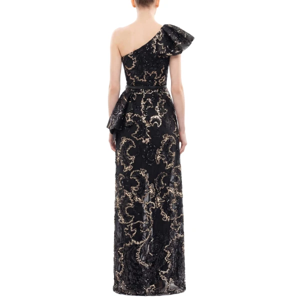 Saiid Kobeisy Ruffle Embroidered Long Dress in Jet Black, view 4