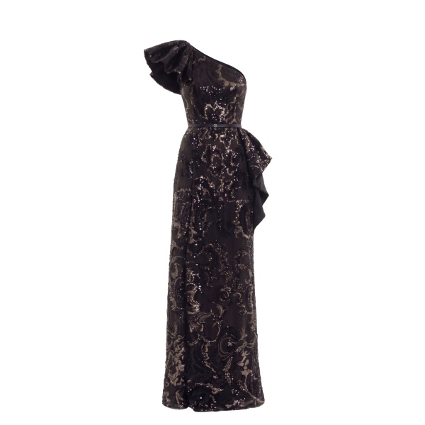 Saiid Kobeisy Ruffle Embroidered Long Dress in Jet Black