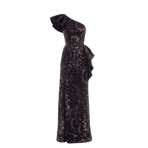 Saiid Kobeisy Ruffle Embroidered Long Dress in Jet Black