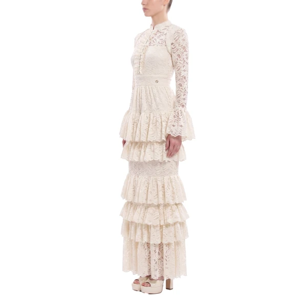 Saiid Kobeisy Ruffled Lace Long Dress in Ivory, view 3