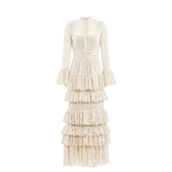 Saiid Kobeisy Ruffled Lace Long Dress in Ivory