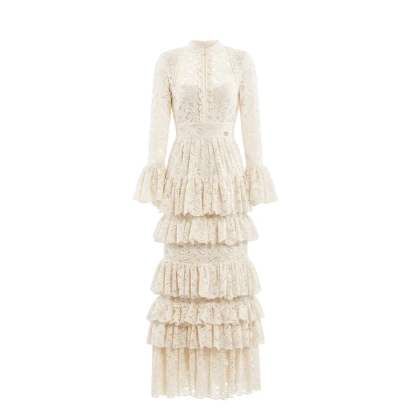 Saiid Kobeisy Ruffled Lace Long Dress in Ivory