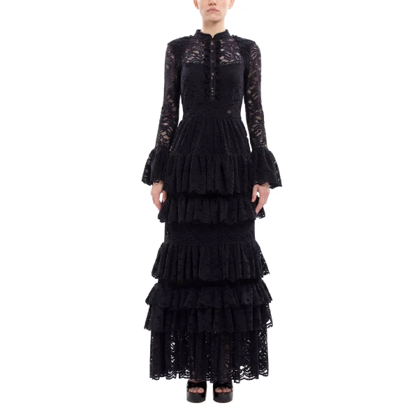 Saiid Kobeisy Ruffled Lace Long Dress in Jet Black, view 2