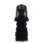 Saiid Kobeisy Ruffled Lace Long Dress in Jet Black