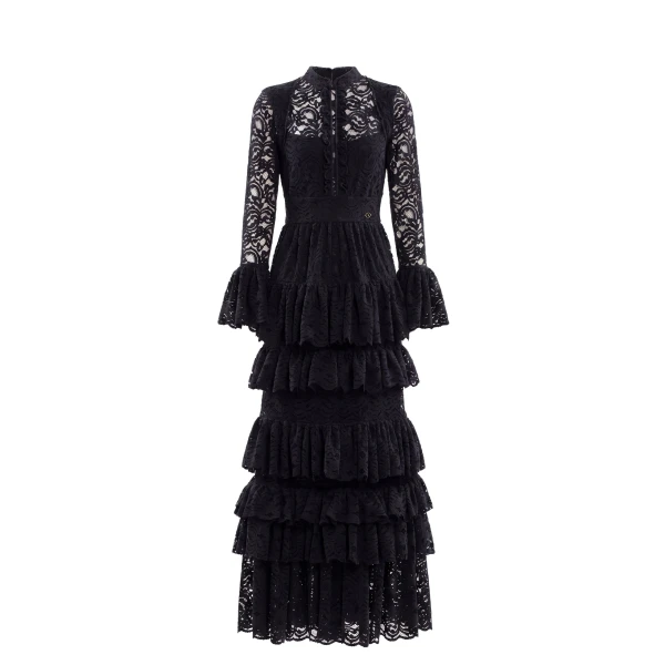 Saiid Kobeisy Ruffled Lace Long Dress in Jet Black