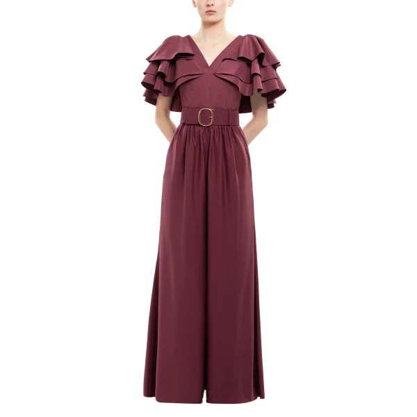 Saiid Kobeisy Ruffled Taffeta Top with Wide Pants in Burgundy, view 2