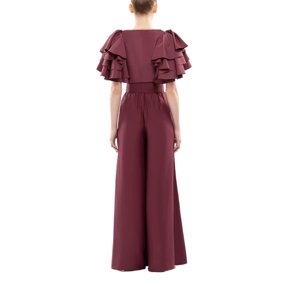 Saiid Kobeisy Ruffled Taffeta Top with Wide Pants in Burgundy, view 3