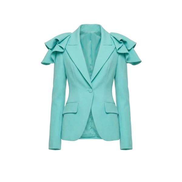 Saiid Kobeisy Ruffled Tailored Jacket in Aqua Sky