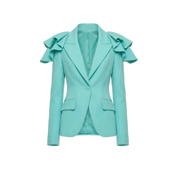 Ruffled Tailored Jacket in Aqua Sky