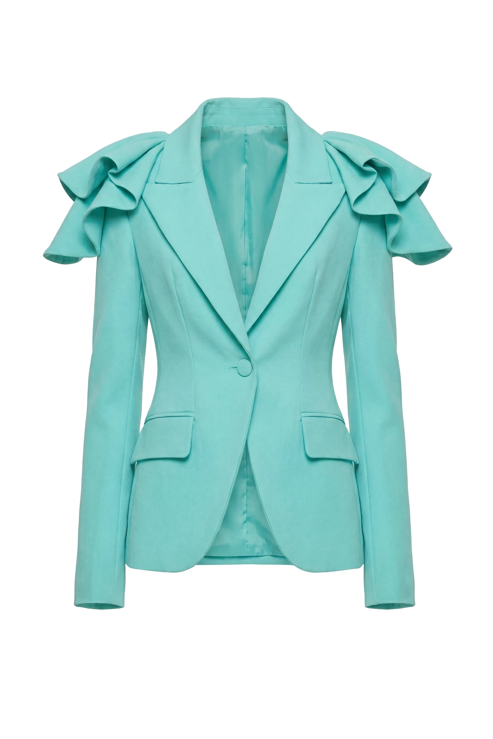 Saiid Kobeisy Ruffled Tailored Jacket in Aqua Sky | Jackets | Coveti Saiid Kobeisy Ruffled Tailored Jacket in Aqua Sky