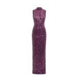 Saiid Kobeisy Sequin Embroidered Long Dress in Italian Plum