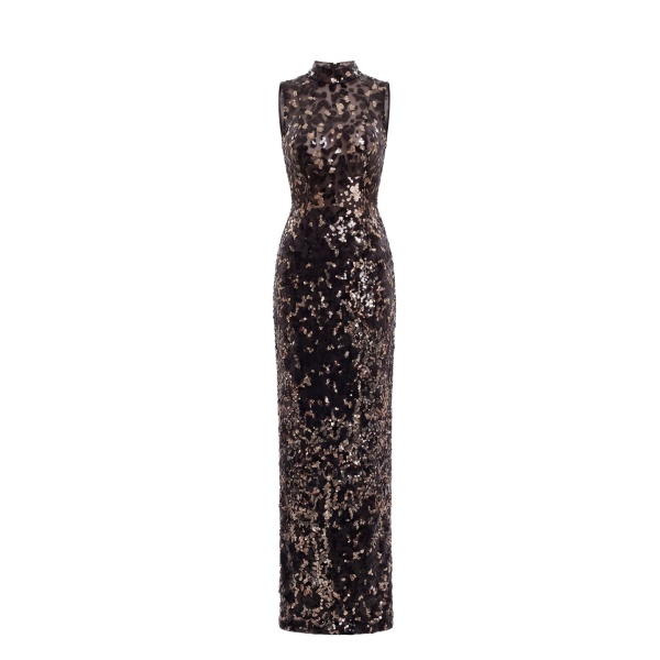 Saiid Kobeisy Sequin Embroidered Long Dress in Jet Black