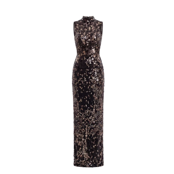 Saiid Kobeisy Sequin Embroidered Long Dress in Jet Black