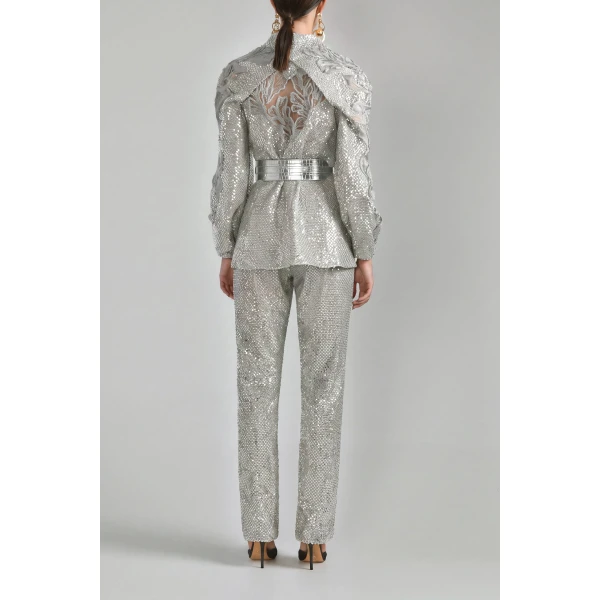 Saiid Kobeisy Sequin Straight Fit Pants in Silver, view 3