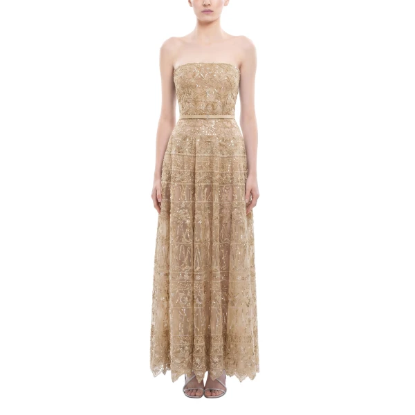 Saiid Kobeisy Strapless Beaded Tulle Dress in Light Gold, view 2