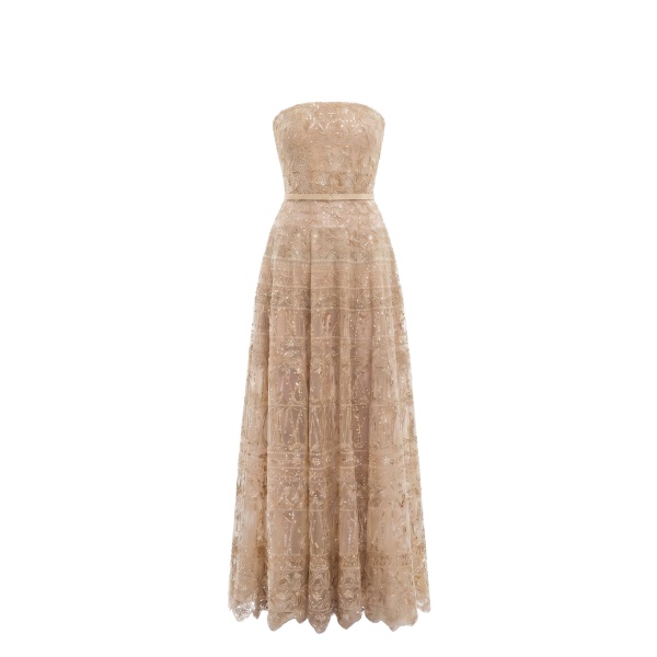 Saiid Kobeisy Strapless Beaded Tulle Dress in Light Gold
