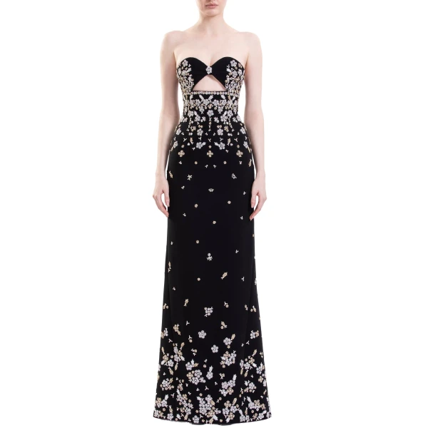 Saiid Kobeisy Strapless Crepe Embroidered Dress in Jet Black, view 3