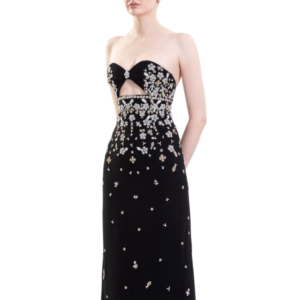 Saiid Kobeisy Strapless Crepe Embroidered Dress in Jet Black, view 4