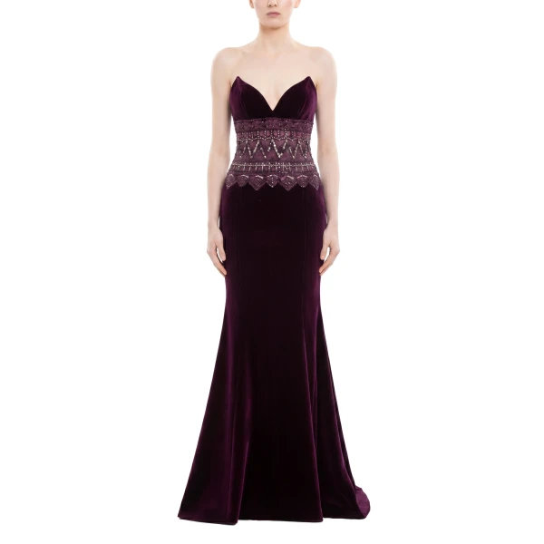 Saiid Kobeisy Strapless Dress with Embroidered Detailing in Italian Plum, view 2