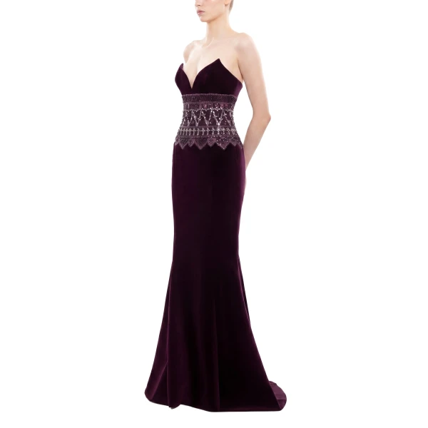 Saiid Kobeisy Strapless Dress with Embroidered Detailing in Italian Plum, view 3