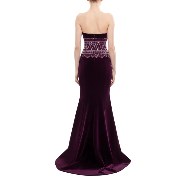 Saiid Kobeisy Strapless Dress with Embroidered Detailing in Italian Plum, view 4