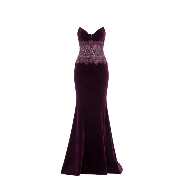 Saiid Kobeisy Strapless Dress with Embroidered Detailing in Italian Plum